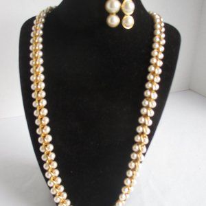 Vintage Napier Double Faux Pearl/Gold Tone Runway Necklace & Pearl Drop Earrings